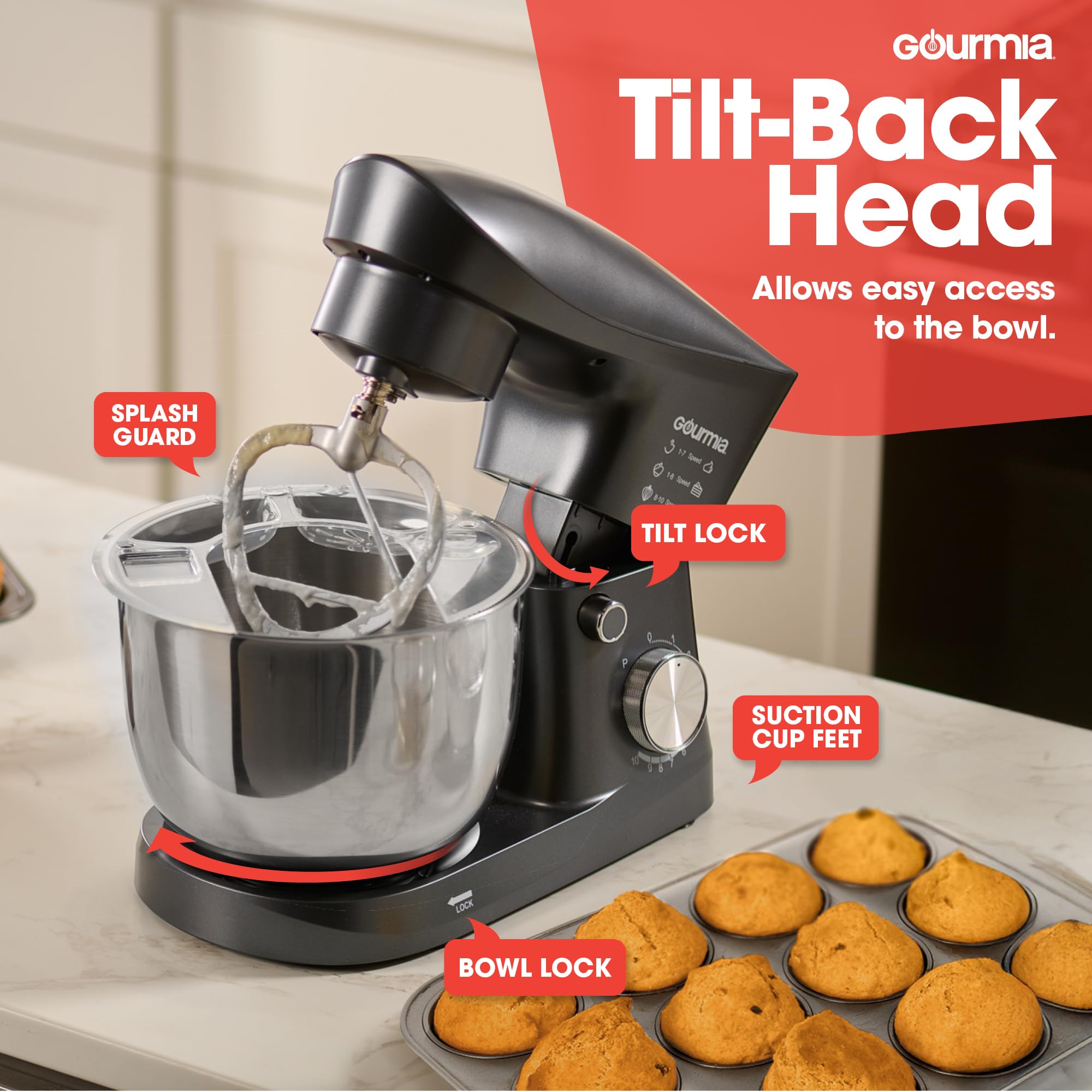 Gourmia 5 Quart 10-Speed Electric Stand Mixer with Bowl + Shield, Dough Hook, Whisk and Beater - Household Kitchen Standing Dough Maker Machine - Image 3