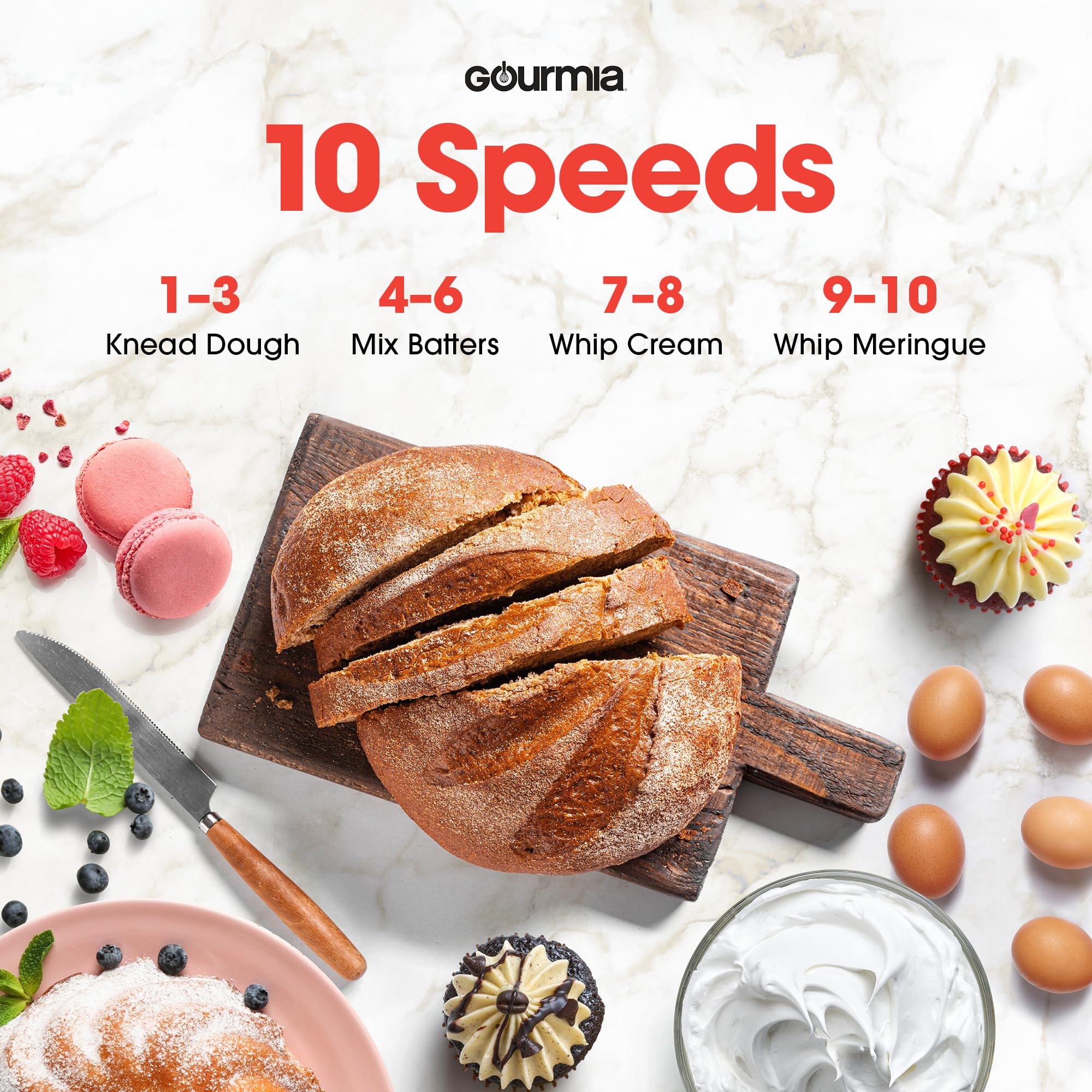 Gourmia 5 Quart Digital Electric Stand Mixer with Attachments, Bowl Shield, Dough Hook, Whisk and Beater - LED Display Timer - 10 Speed Kitchen Countertop Dough Maker Machine for Bread, Cake, Cookies - Image 4