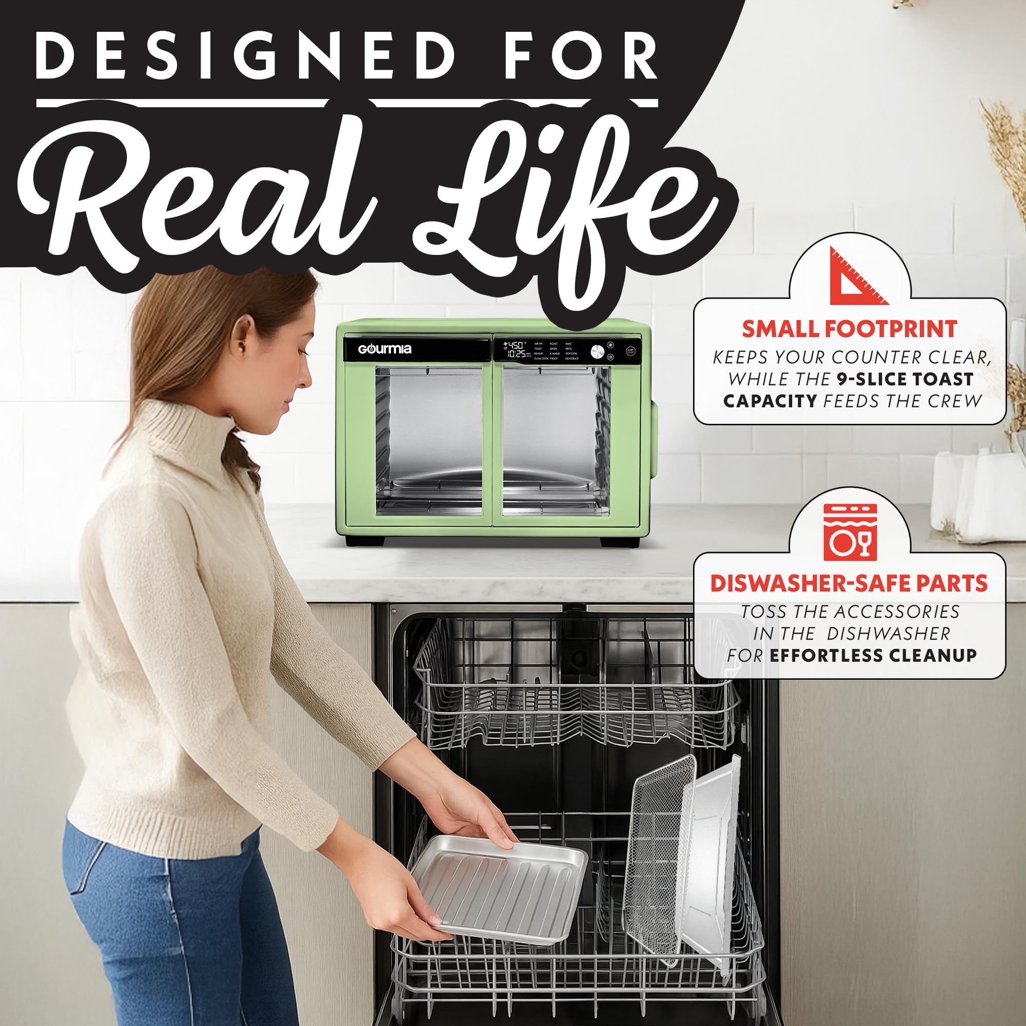 Gourmia French Door Air Fryer Oven - 37 Qt Large Capacity Convection Toaster Oven, FryForce 360°, Digital Display, 12 Cooking Presets, Dehydrate, Fits 13” Pizza, Dishwasher-Safe, Green - Image 7